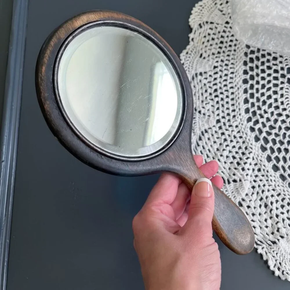 Vintage Wooden and Silver Vanity Hand Mirror Rustic Victorian Decor